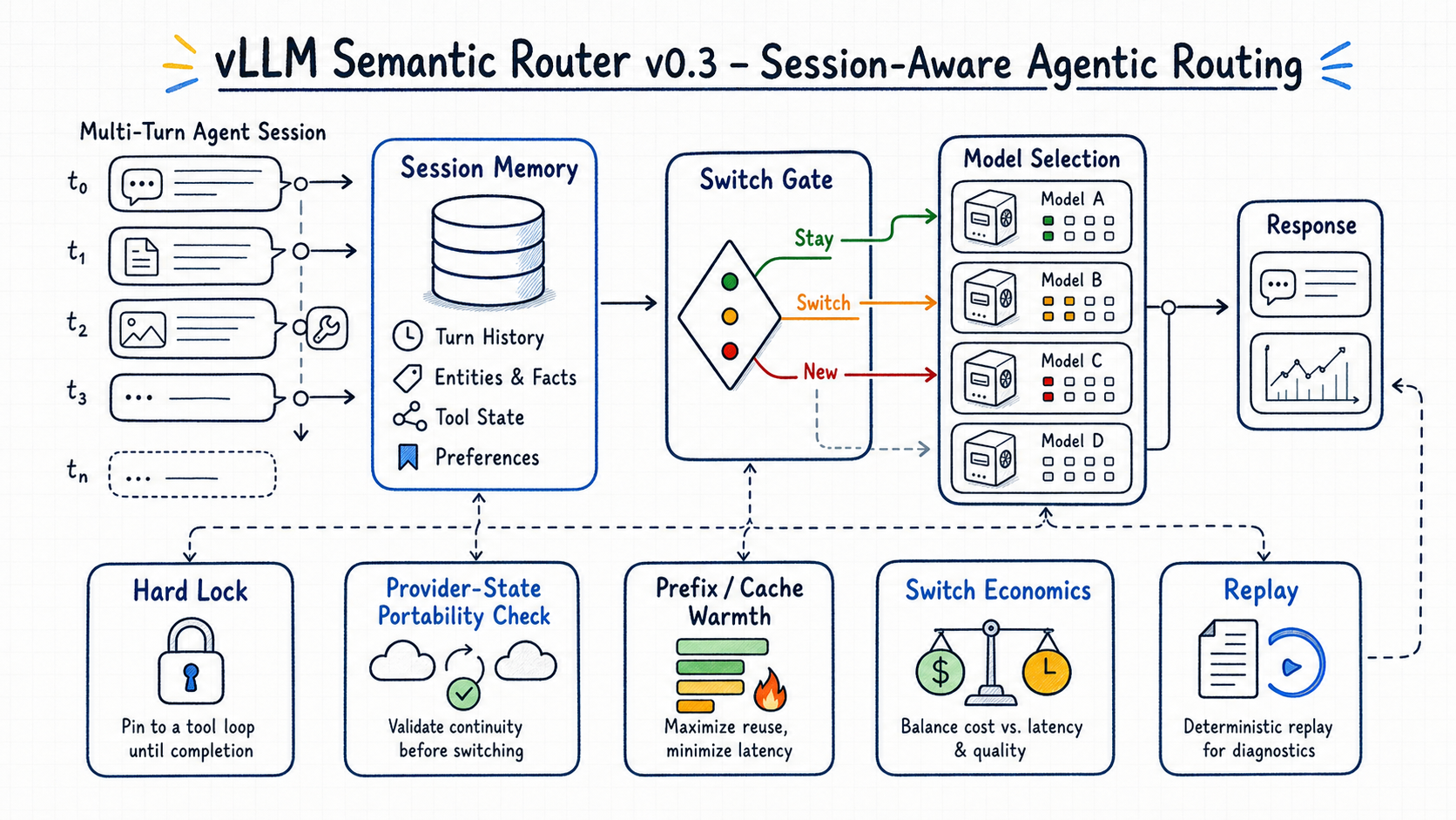 Figure 5: SAAR keeps multi-turn agent sessions stable by combining router-owned session memory, hard locks, portability checks, switch economics, and replay diagnostics.
