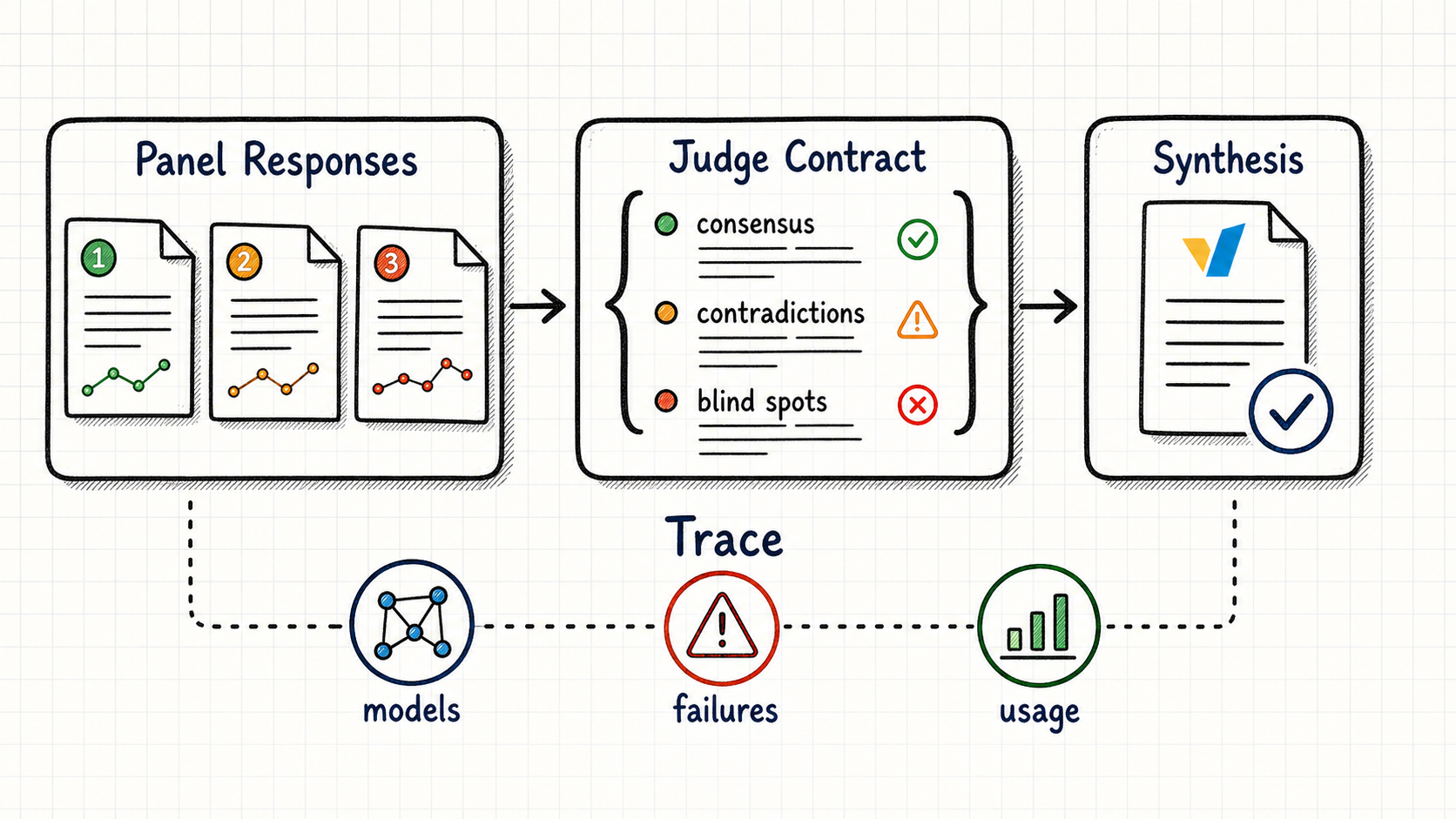 Figure 4: Fusion uses explicit stage contracts so panel output, judge analysis, synthesis, and trace accounting stay inspectable.
